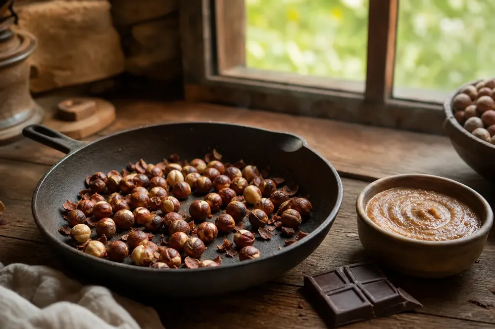 Roasted hazelnuts in a pan on a wooden table with a bowl of hazelnut paste and chocolate pieces
