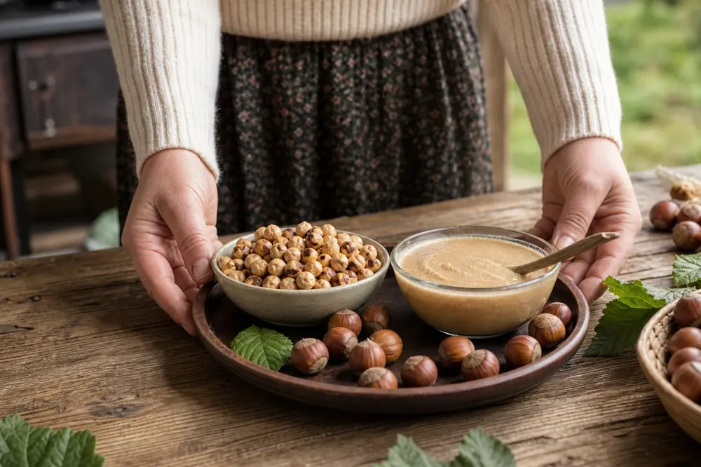 Hands placing bowls of roasted hazelnuts and hazelnut paste on a tray on a wooden table
