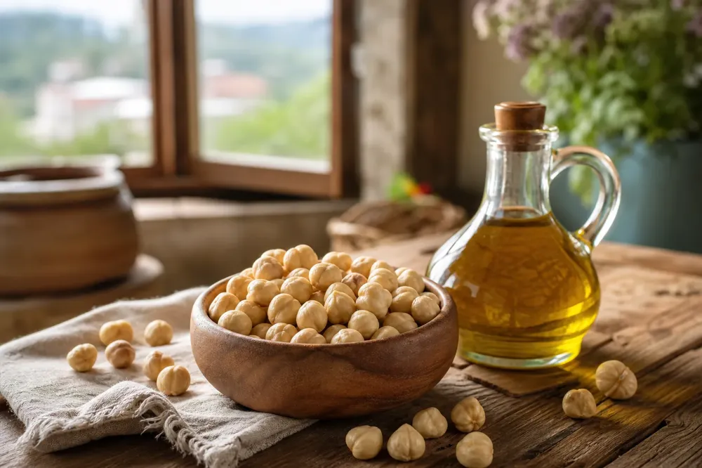 Shelled Giresun hazelnuts in a wooden bowl with a small bottle of olive oil beside it