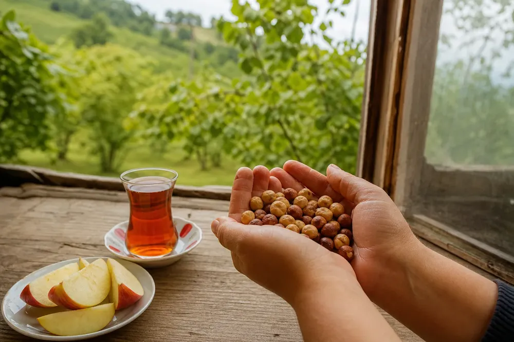 A handful of roasted Giresun hazelnuts in a palm, with tea in a tulip glass nearby