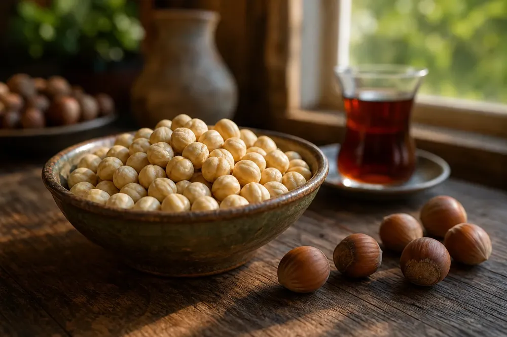 Raw shelled hazelnuts in a ceramic bowl on a wooden table, shelled nuts beside it and a tea glass behind