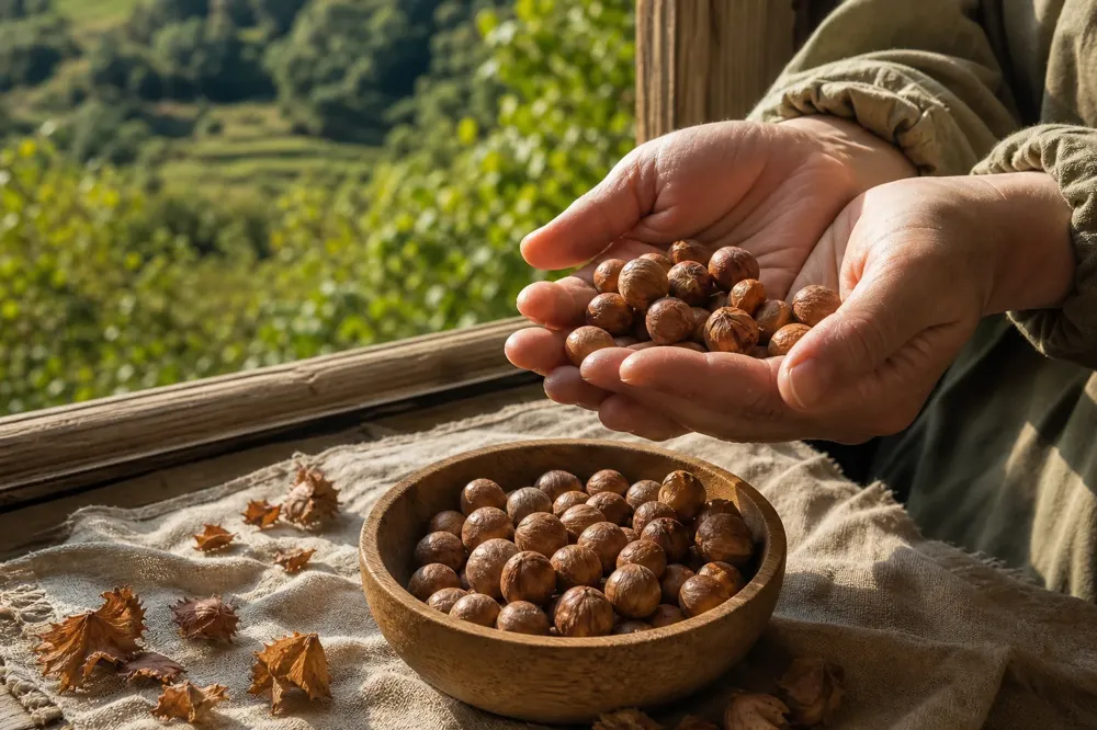Hands holding skin-on hazelnuts over a wooden bowl with a blurred green hazelnut orchard behind