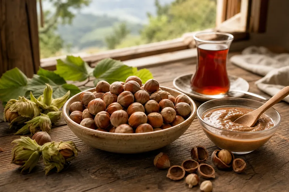 Roasted Giresun hazelnuts, homemade hazelnut paste and tea in a tulip glass on a wooden table