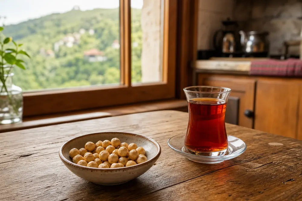 حفنة من بندق Giresun المحمص في وعاء خزفي وشاي في كوب رفيع الخصر على طاولة خشبية