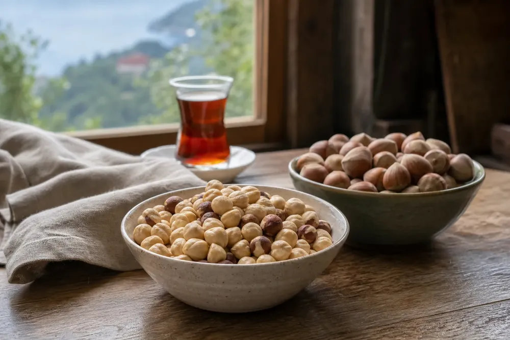 Taxta mətbəx masasında kasalarda ləpə və qabıqlı Giresun fındığı, arxada bir stəkan çay