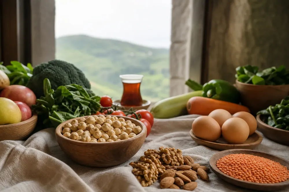 Kətan örtük üzərində Giresun fındığı, qoz, badam, yumurta, tərəvəz, meyvə və mərcimək, arxada çay