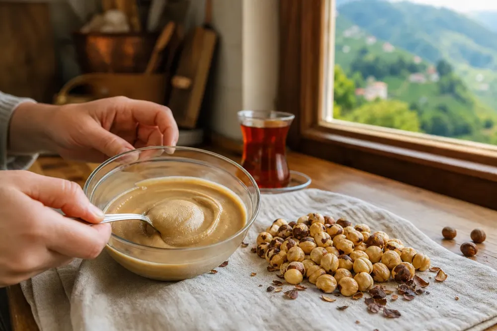 Ev mətbəxində bir kasa fındıq pastası, yanında qovrulmuş Giresun fındığı və armudu stəkanda çay