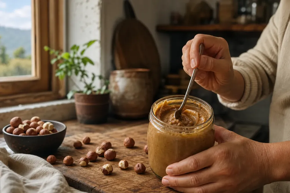 The oil on top of hazelnut paste in a plain glass jar is stirred in with a clean spoon.