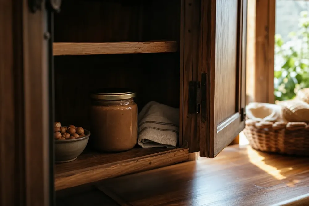 A plain, closed jar of hazelnut paste on the cool, shaded inner shelf of a kitchen cabinet.