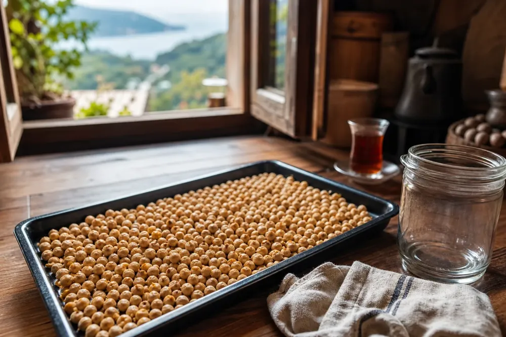 Soba sinisində bir qat sərilmiş, piştaxtada soyumağa qoyulmuş qovrulmuş fındıqlar
