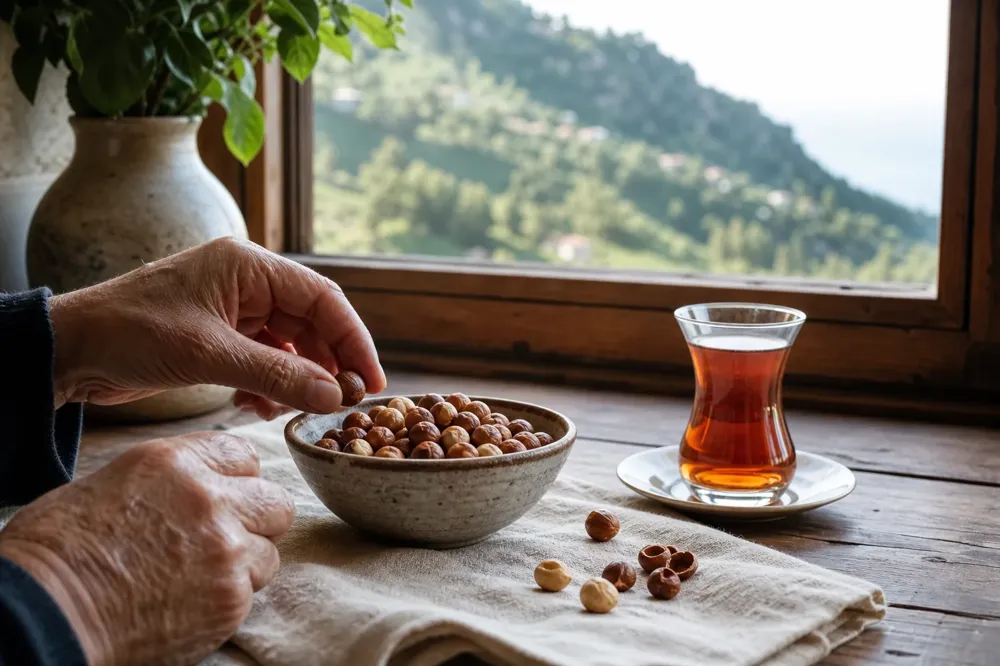 Bowl of roasted Giresun hazelnuts, a tea glass and older hands reaching for a nut on a kitchen table