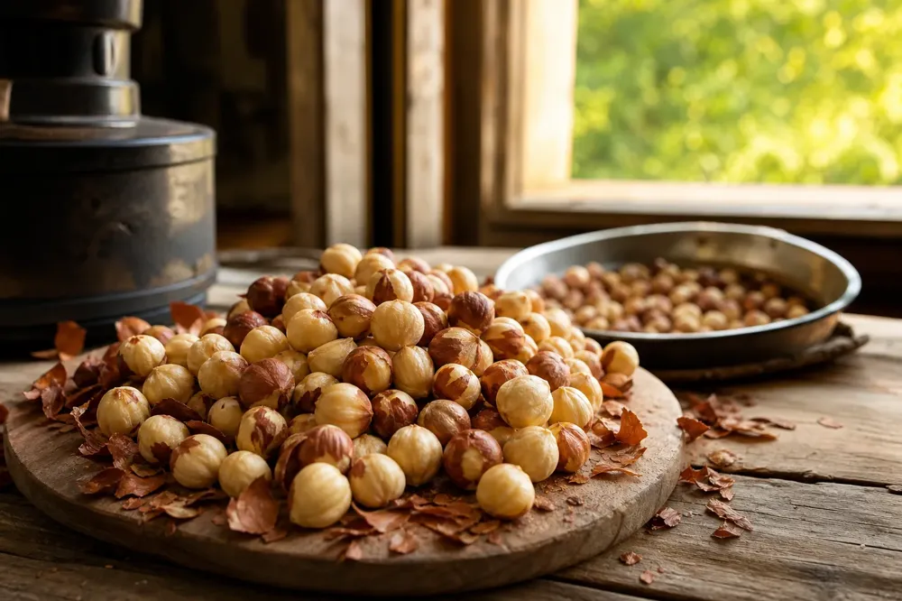Roasted Giresun hazelnuts with and without skins on a wooden table, thin brown skin flakes scattered around