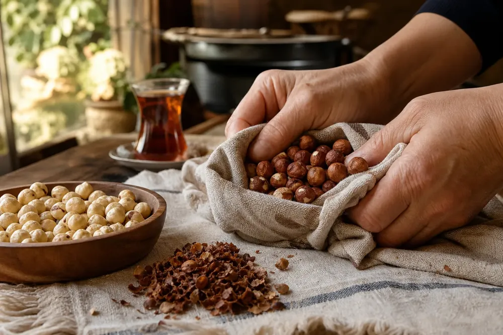Hands rubbing roasted Giresun hazelnuts in a linen towel to remove skins, a bowl of peeled kernels nearby