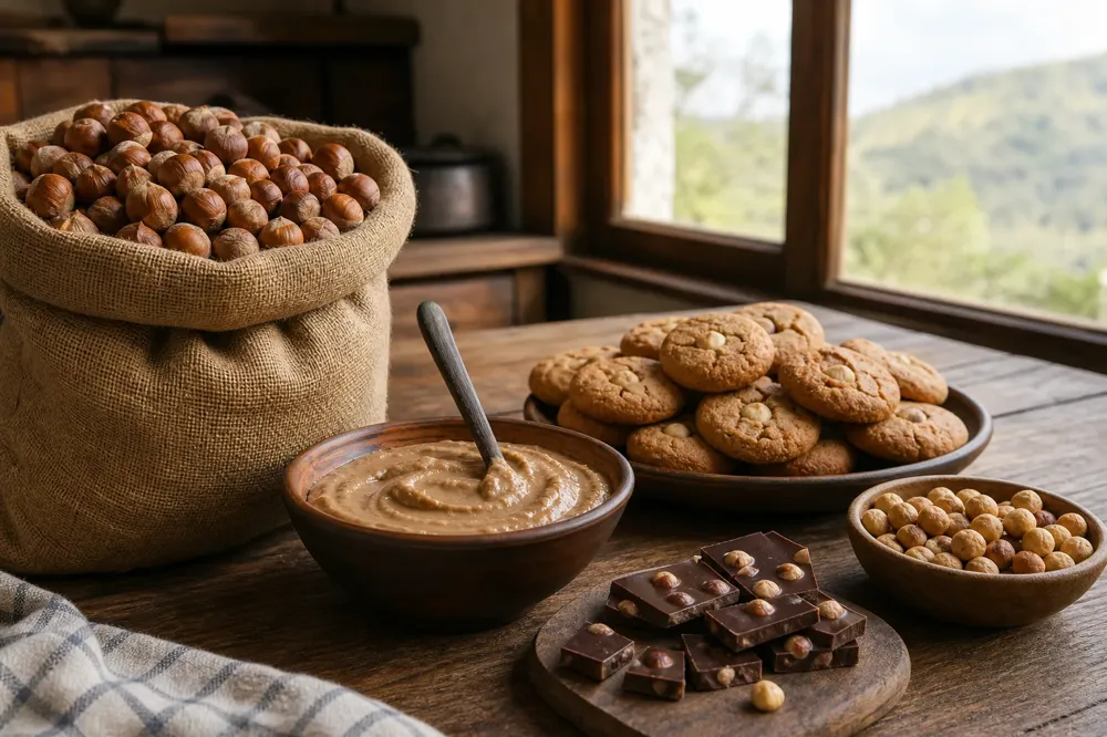 Raw hazelnuts in a sack beside hazelnut paste, cookies, chocolate and roasted hazelnuts on a wooden table