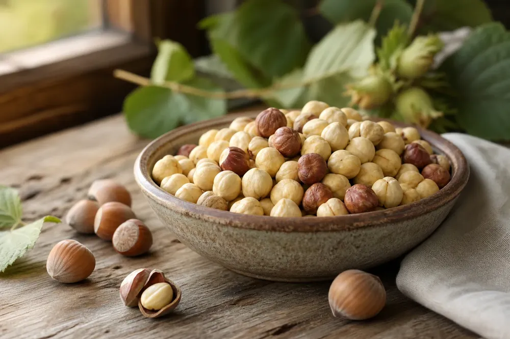 Shelled and in-shell Giresun hazelnuts in a ceramic bowl on a wooden table, one hazelnut cut in half