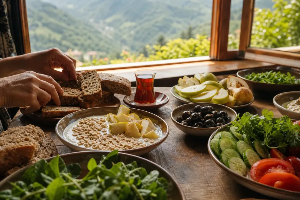 A varied Black Sea breakfast table with vegetables, fruit, oats, whole grain bread, hazelnuts and tea in a tulip glass