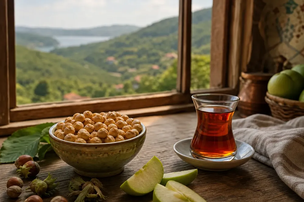 A bowl of Giresun hazelnuts on a wooden table with a glass of tea and apple slices