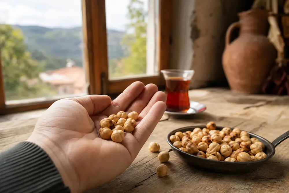 A handful of roasted Giresun hazelnuts in a cupped palm, a tulip glass of tea behind