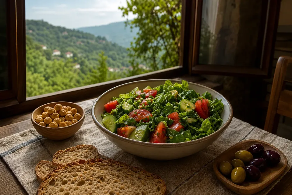 Simple home table with olive oil salad, olives, whole grain bread and a bowl of Giresun hazelnuts
