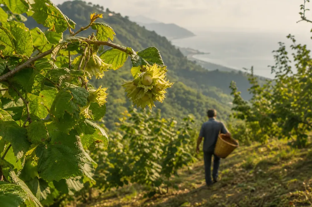 Hazelnut orchard on Giresun hillsides with husked hazelnuts on branches and the Black Sea in the distance