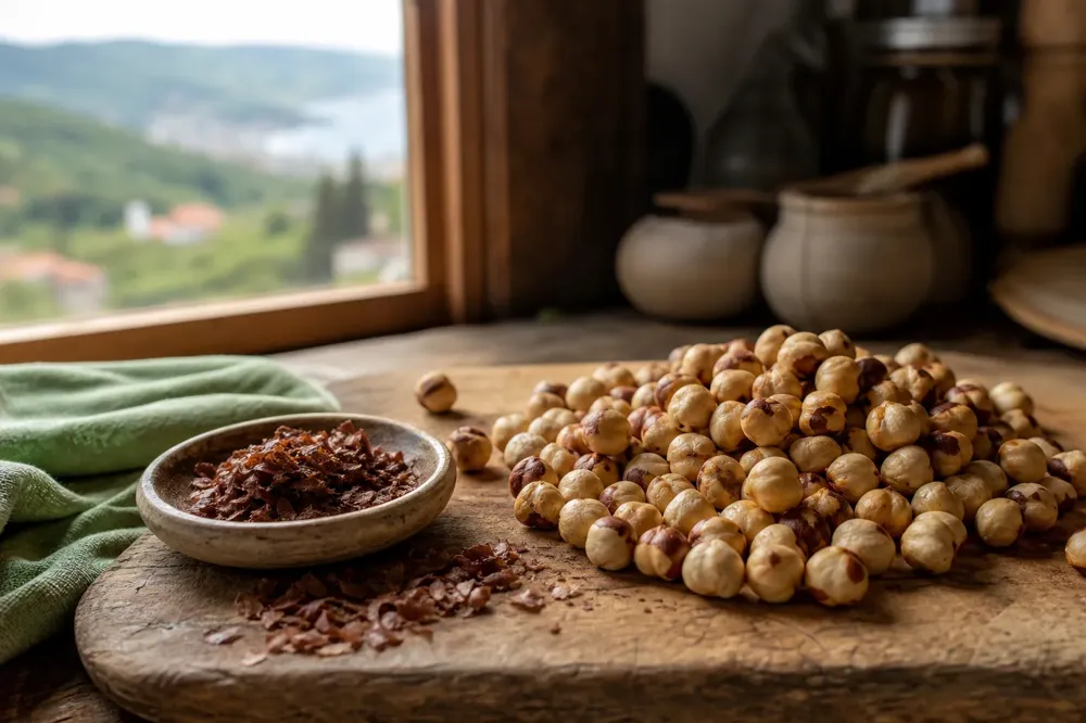 Avellanas de Giresun tostadas sobre una tabla de madera y finas pieles de avellana reunidas en un cuenco pequeño