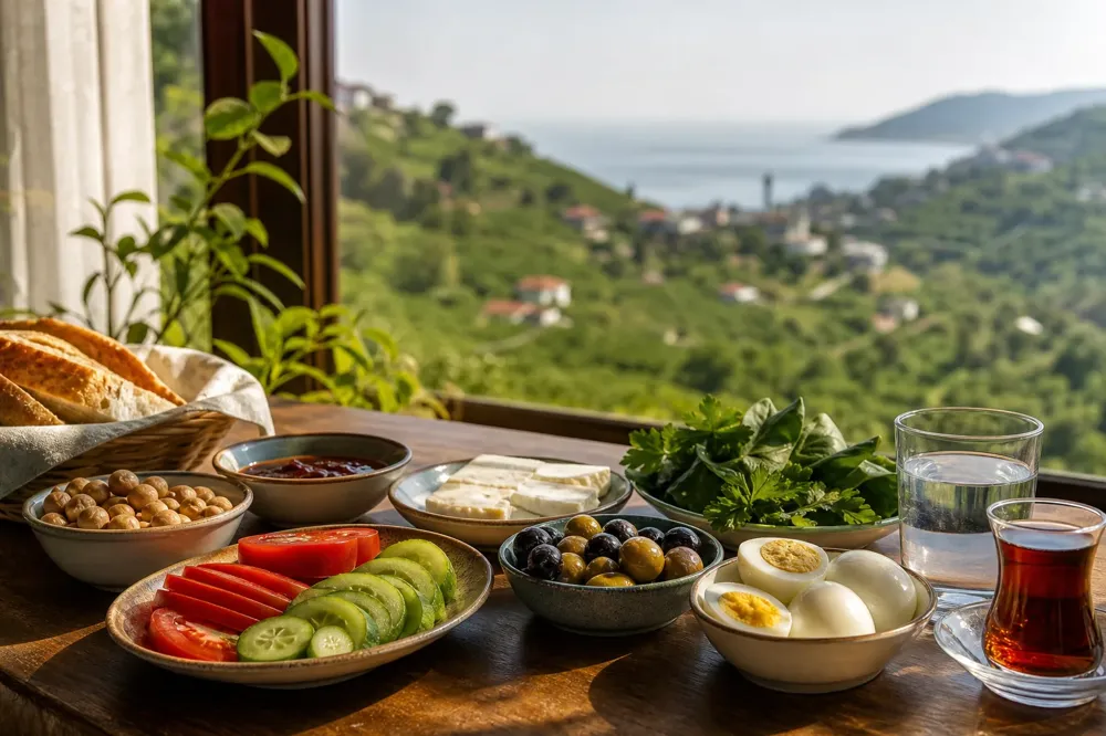 Desayuno equilibrado con avellanas, queso, verduras y té junto a una ventana con vistas al mar Negro