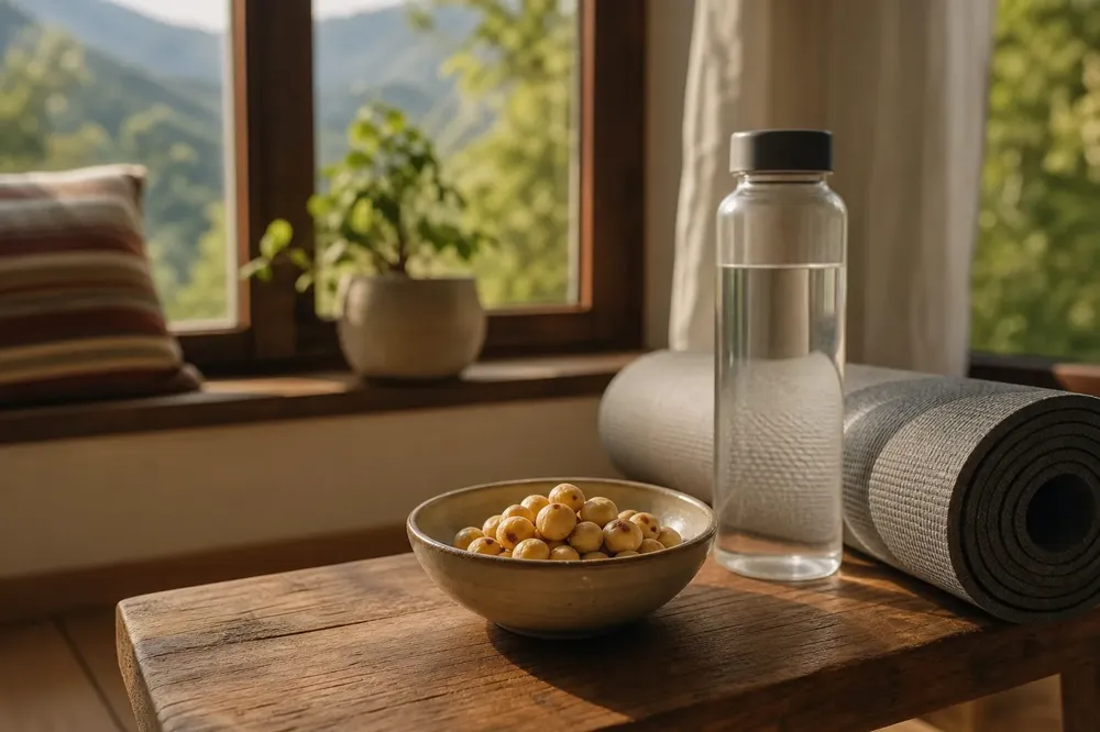 Avellanas tostadas en un cuenco sobre un banco de madera, junto a una esterilla de ejercicio y una botella de agua sin etiqueta