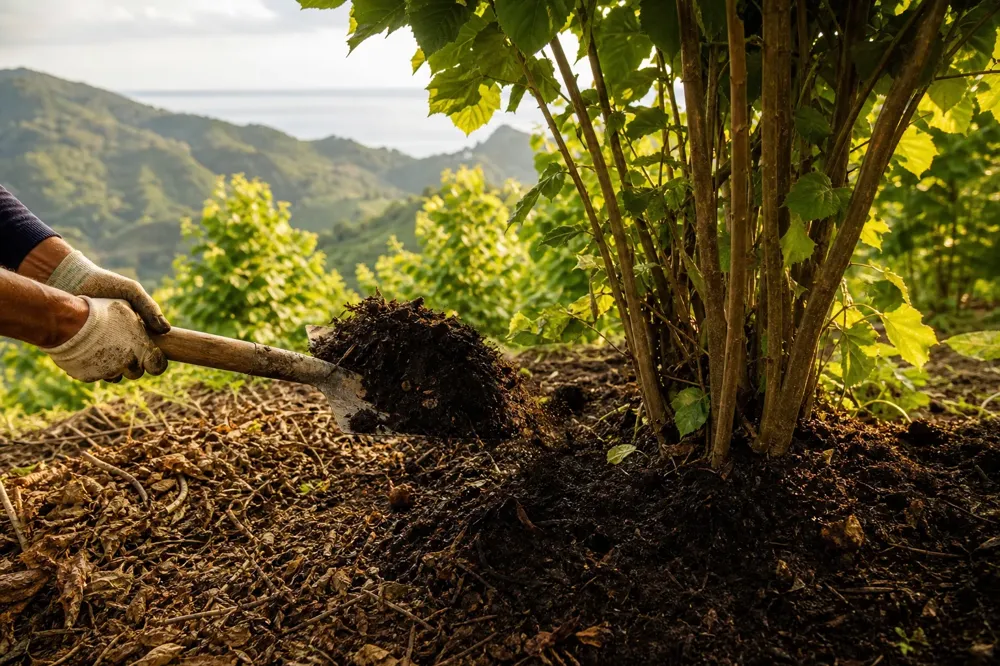 Montón de compost con cáscaras de avellana y restos de poda, manos esparciendo compost al pie de la mata