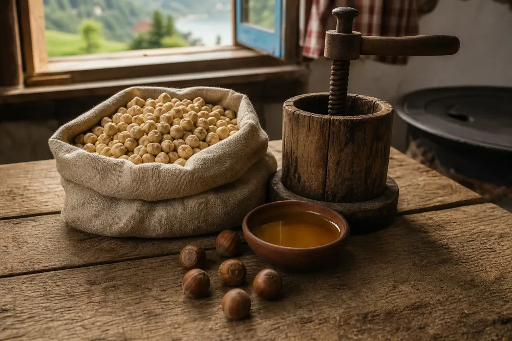 Avellanas en un saco de tela, una prensa manual de madera y aceite de avellana dorado en un cuenco de barro en una cocina rural