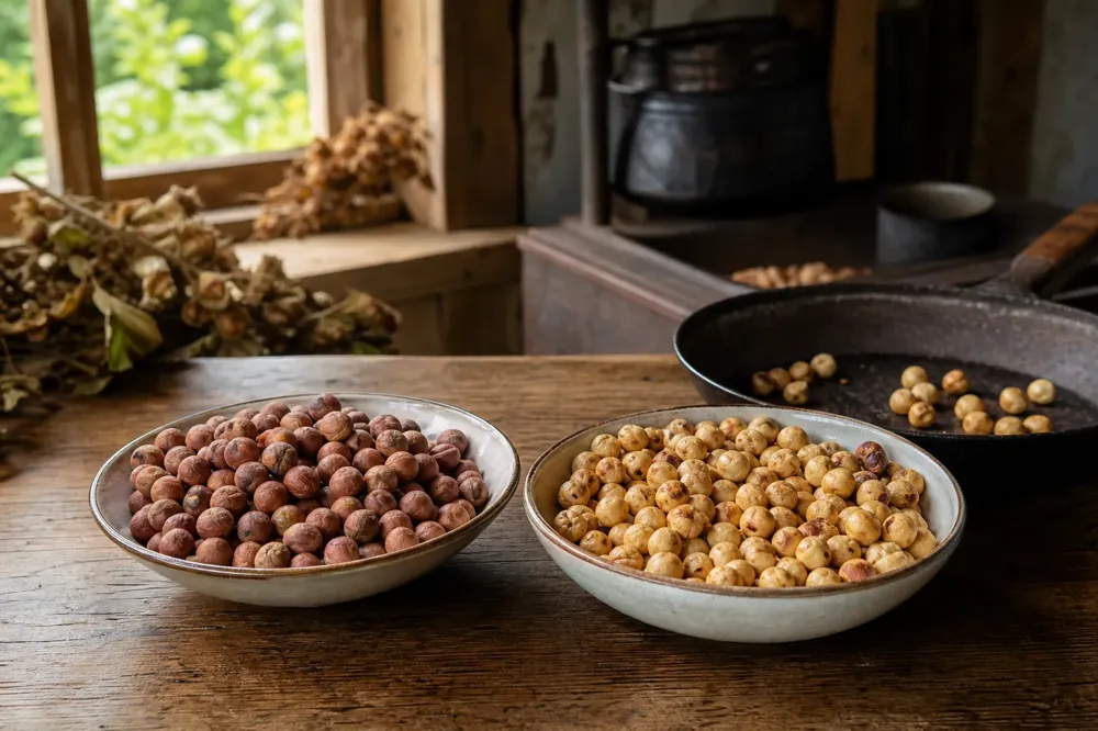 Avellanas de Giresun crudas y tostadas en dos cuencos sobre una mesa de madera