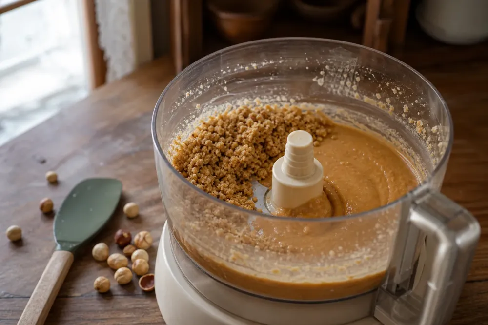 Avellanas en un procesador de alimentos pasando de grumosas a crema fluida, junto a una espátula
