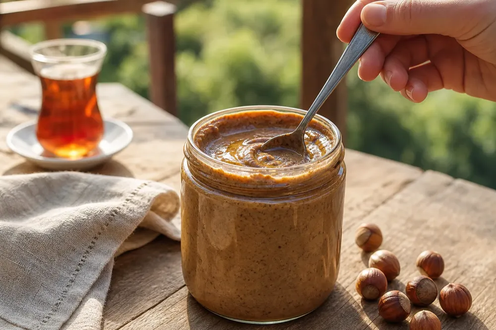 Crema de avellana casera con aceite en la superficie, removida con una cuchara seca