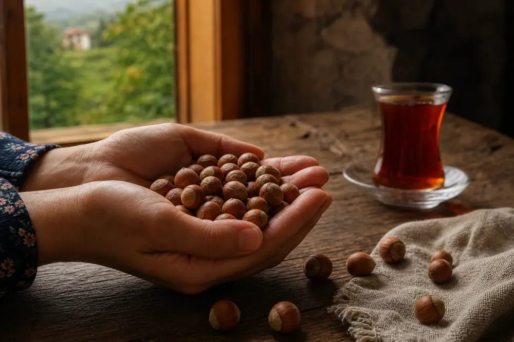 Hands holding a handful of shelled hazelnuts over a wooden table, tea glass in the background