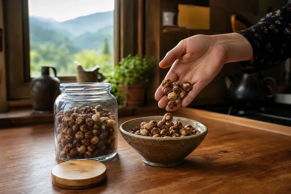 Roasted hazelnuts portioned into a small ceramic bowl beside an unlabeled glass jar