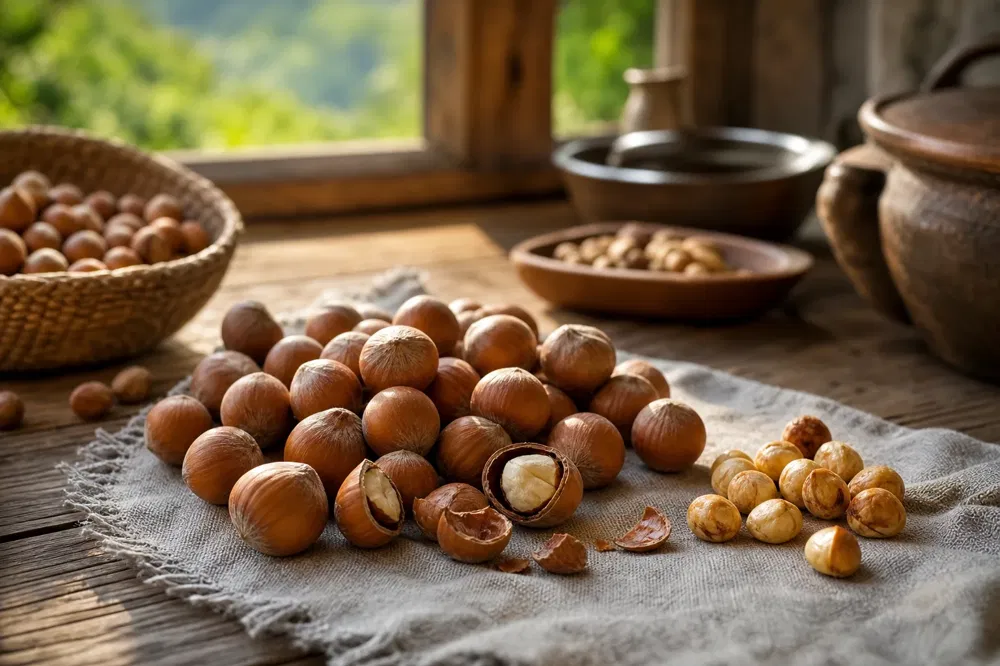 Round thin-shelled hazelnuts, cracked shells and roasted kernels with skins rubbed off on a wooden table