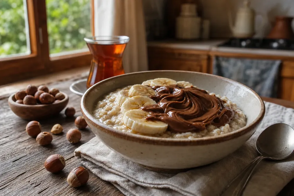 Bowl of oat porridge topped with banana slices and hazelnut paste, with a glass of tea beside it