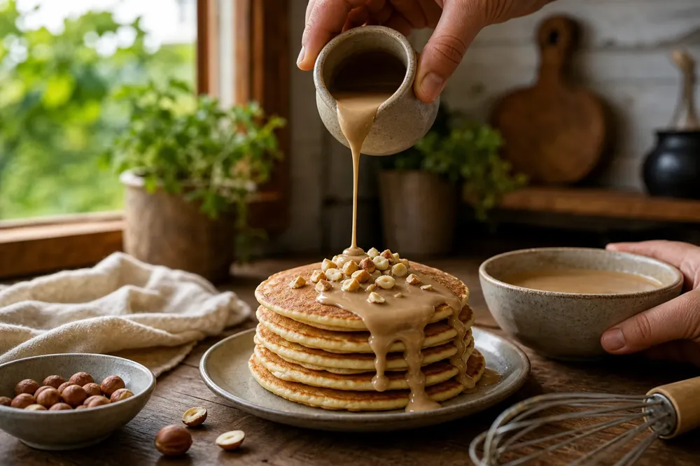 Flowing hazelnut paste sauce thinned with milk being poured over a stack of pancakes