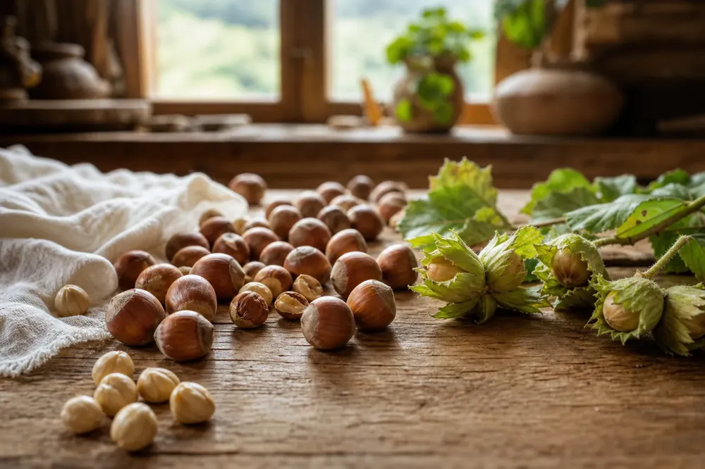 Shelled and in-shell Giresun hazelnuts on a wooden table with green hazelnut husks