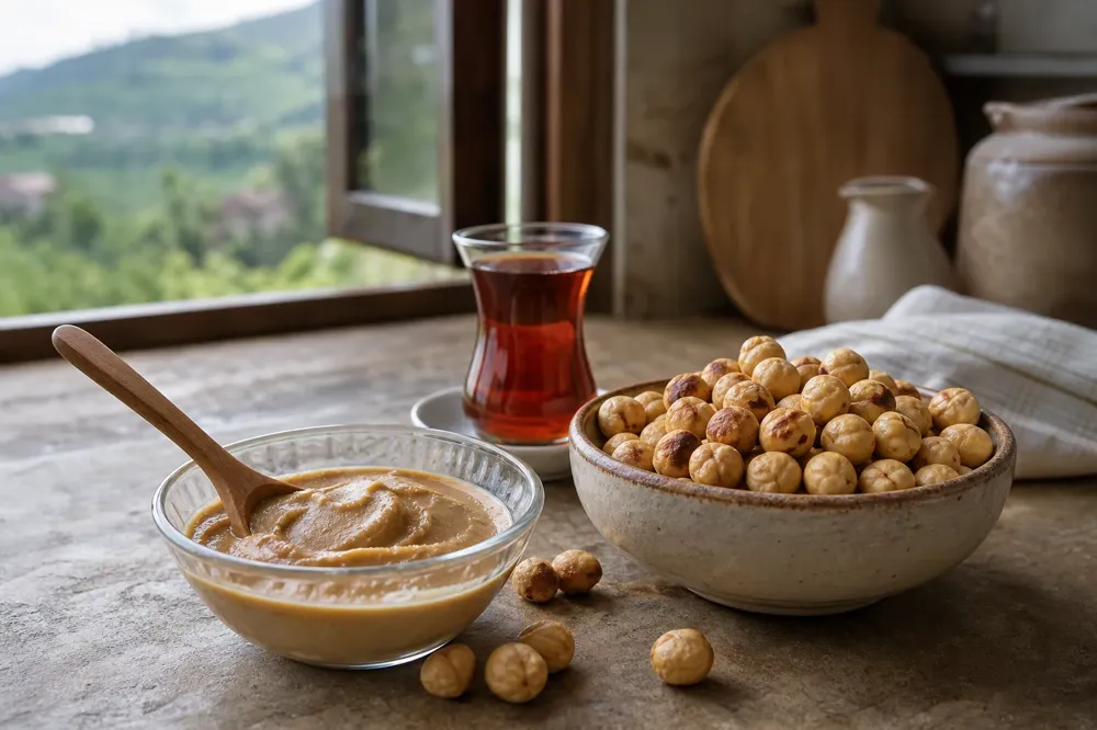 A bowl of roasted hazelnuts, plain hazelnut paste and tea in a tulip glass