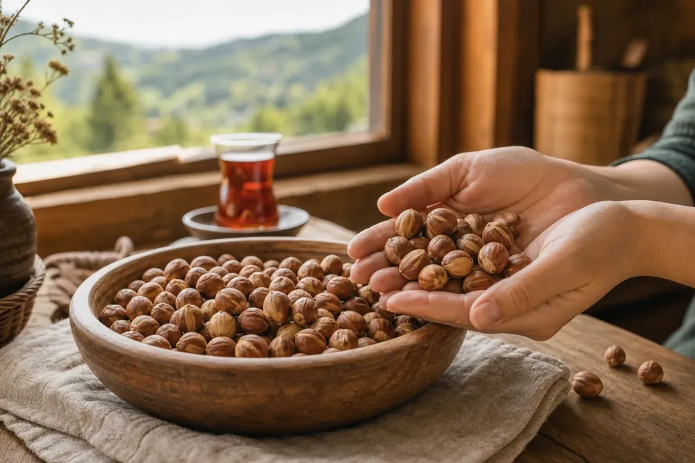 Raw Giresun hazelnuts with skins in a wooden bowl in a home kitchen, hands scooping a few
