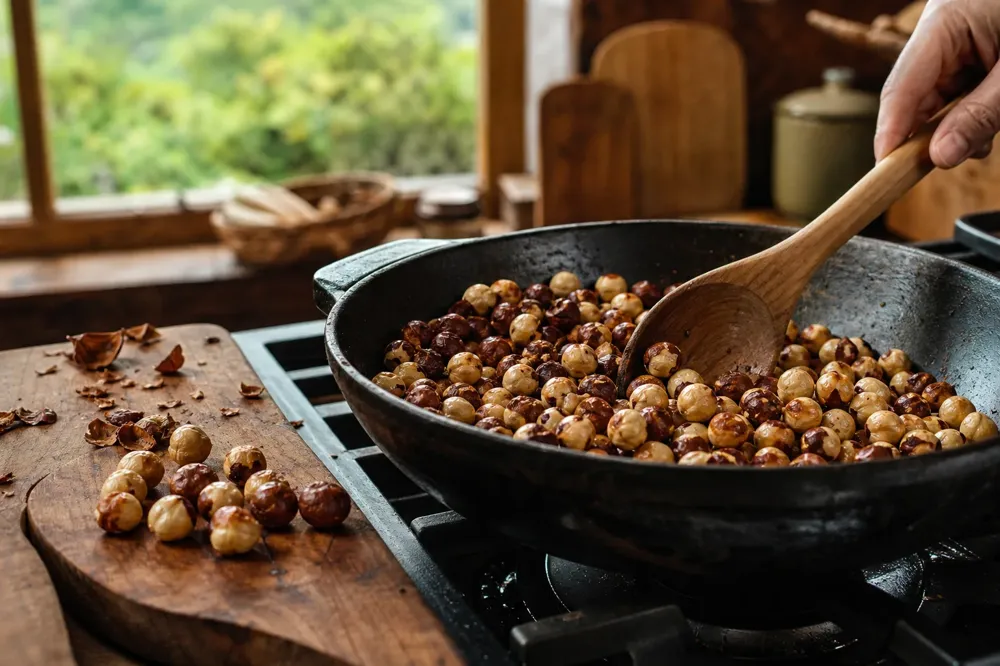 Roasted Giresun hazelnuts stirred with a wooden spoon in a cast iron pan on a home stove