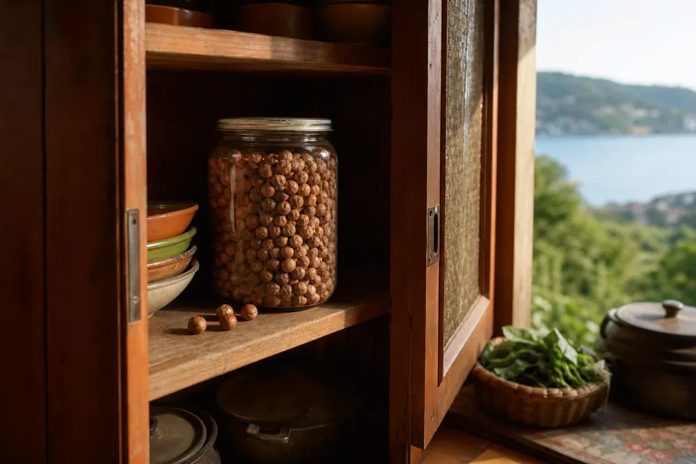 Unlabeled lidded glass jar filled with Giresun hazelnuts on a cupboard shelf, away from sunlight