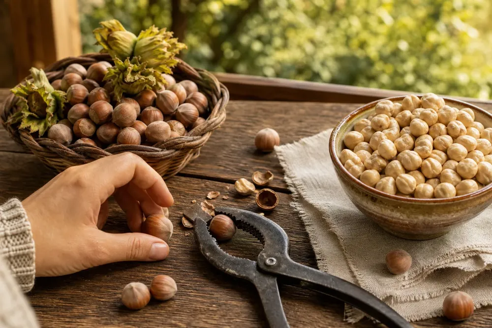 In-shell Giresun hazelnuts in a basket and shelled ones in a bowl on a wooden table