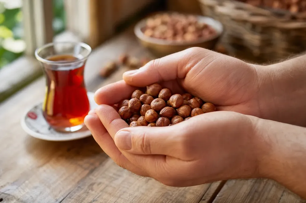 Raw skin-on hazelnuts being rubbed and smelled in cupped hands, tea glass behind