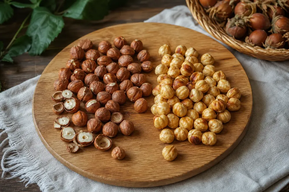 Raw skin-on hazelnuts, cream-colored cracked kernels and honey-toned roasted hazelnuts on wood