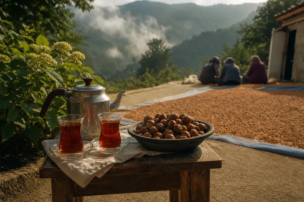 Tulip tea glasses and a bowl of in-shell hazelnuts at the edge of a drying yard, neighbors chatting in the distance