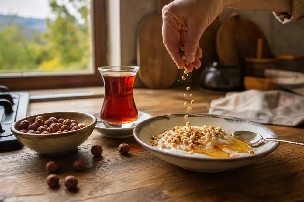 A hand sprinkling shelled hazelnuts over a breakfast plate in a home kitchen, with tea in a tulip glass