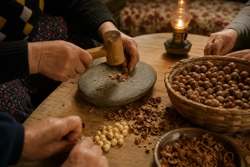 Hands cracking in-shell hazelnuts on a flat stone with a wooden mallet on a winter evening