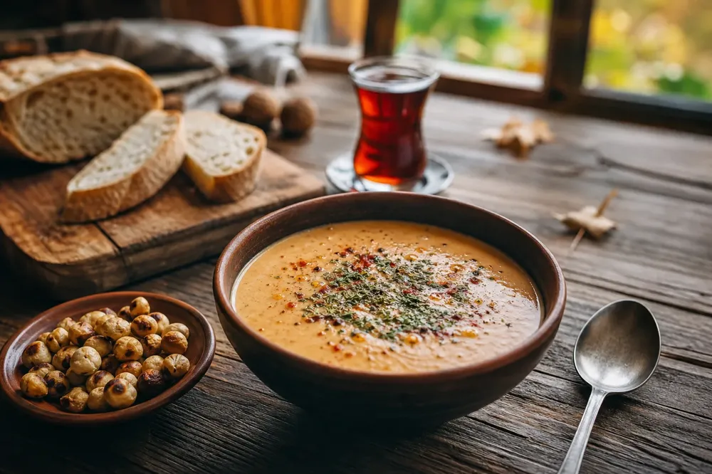 Kuru nane ve pul biberle süslenmiş bir kâse fındık unu çorbası, yanında ekmek ve çay