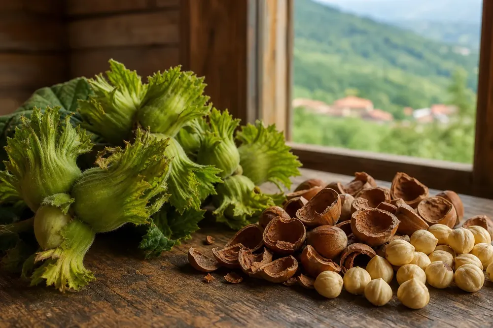 Giresun hazelnuts in green leafy husks beside cracked brown hard shells on a wooden table